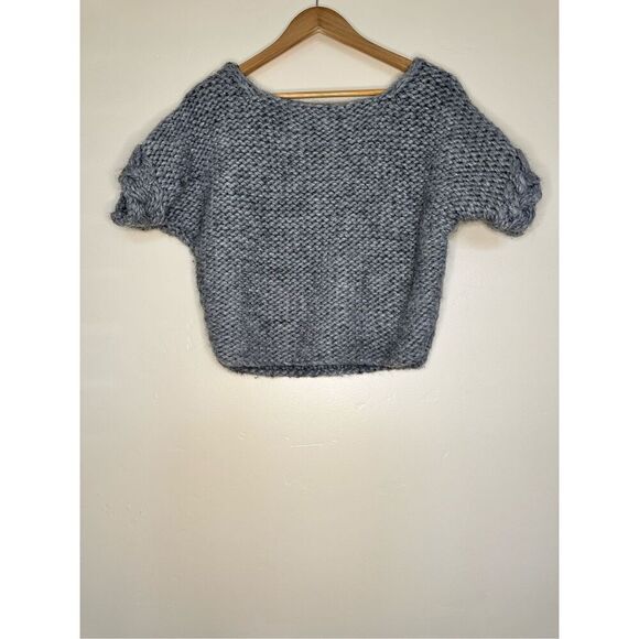 Anthropologie Kenji Gray Chunky Knit Crop Short Sleeve Top Size Large - Picture 1 of 5